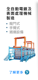 全自動電鍍及表面處理機械製造，龍門式、手臂式、週邊設備...。